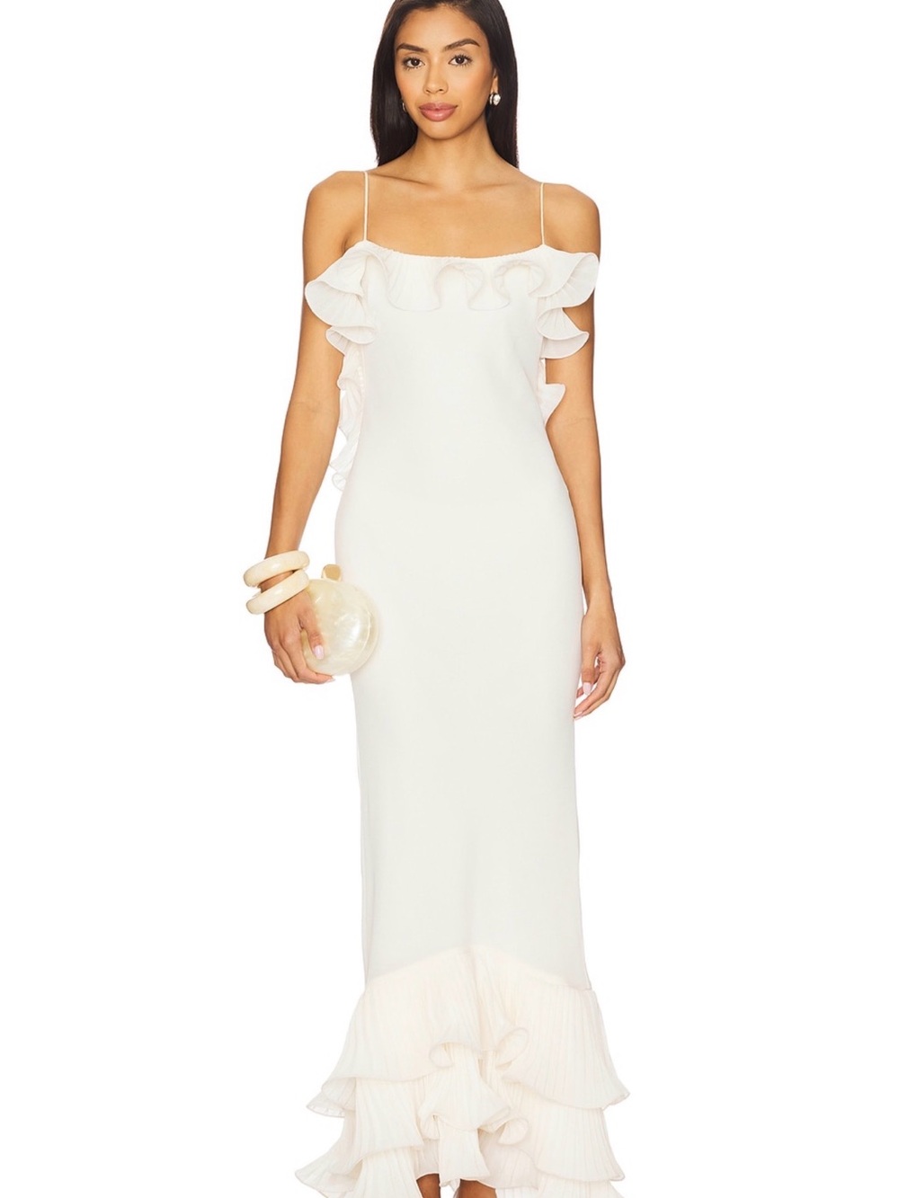 Off-White Ruffle-Trim Maxi Dress with Tiered Hem